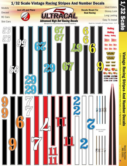 Ultracal 3321 - 1/32 DECALS - Vintage Racing Stripes & Numbers