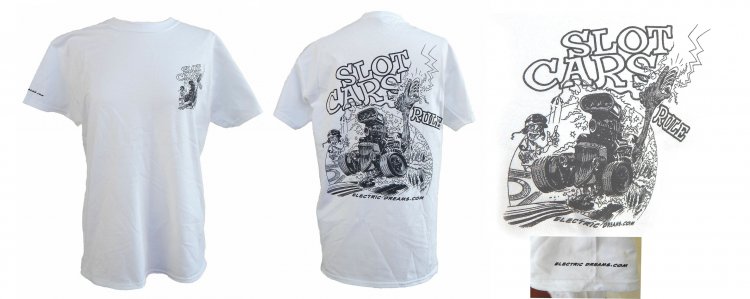 2X LARGE T-shirt "Slot Cars Rule" by Bob Hardin, White with Black Art